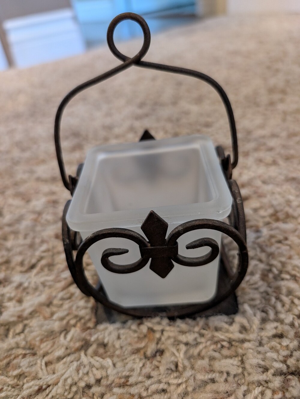 Frosted Glass Tealight Holder with Decorative Iron Frame - Brown